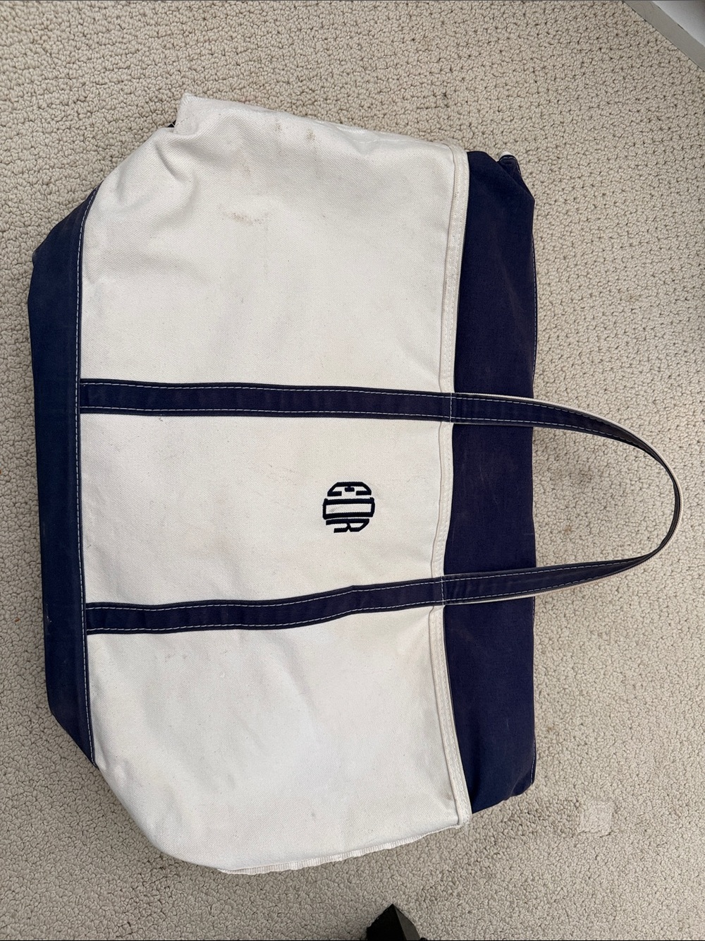 L.L. Bean White and Navy Canvas Tote with Monogram